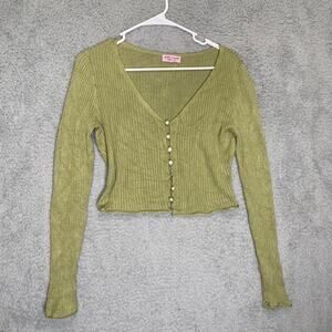 Pink Robin womens S green cropped cardagain Y2K pearl buttons ribbed stretch